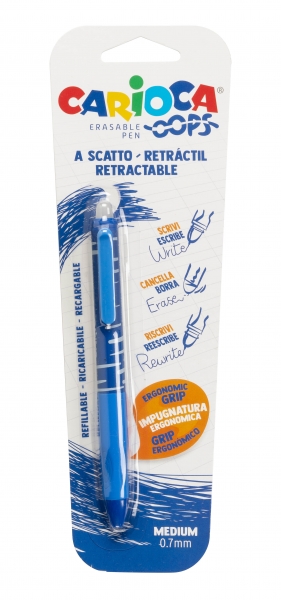 Stylo Effaçable Carioca Oops - Thermo Sensible - Prise Triangulaire Ergonomique - Pointe Ø 0,7 mm - Recharges compatibles - Couleur Bleu
