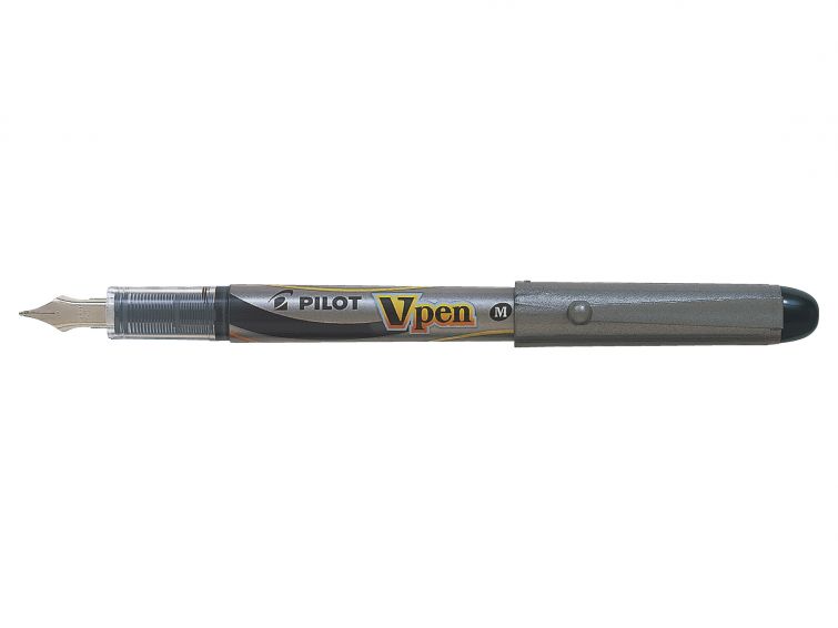 Stylo plume Pilot V-Pen Silver - Jetable - Encre liquide - Pointe en acier - Trait 0,5 mm - Couleur noire