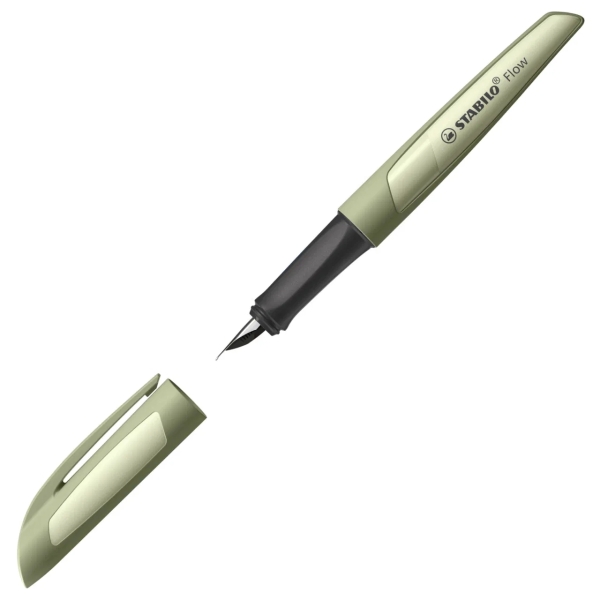 Stylo plume rechargeable monochrome Stabilo Flow - Plume M de haute qualité - Poignée ergonomique - Cartouche bleu roi incluse - Corps vert clair