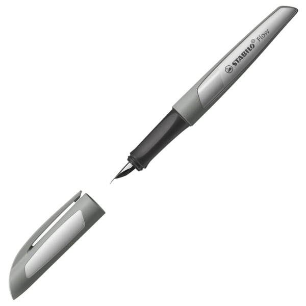Stylo plume rechargeable monochrome Stabilo Flow - Plume M de haute qualité - Poignée ergonomique - Cartouche bleu roi incluse - Corps gris clair