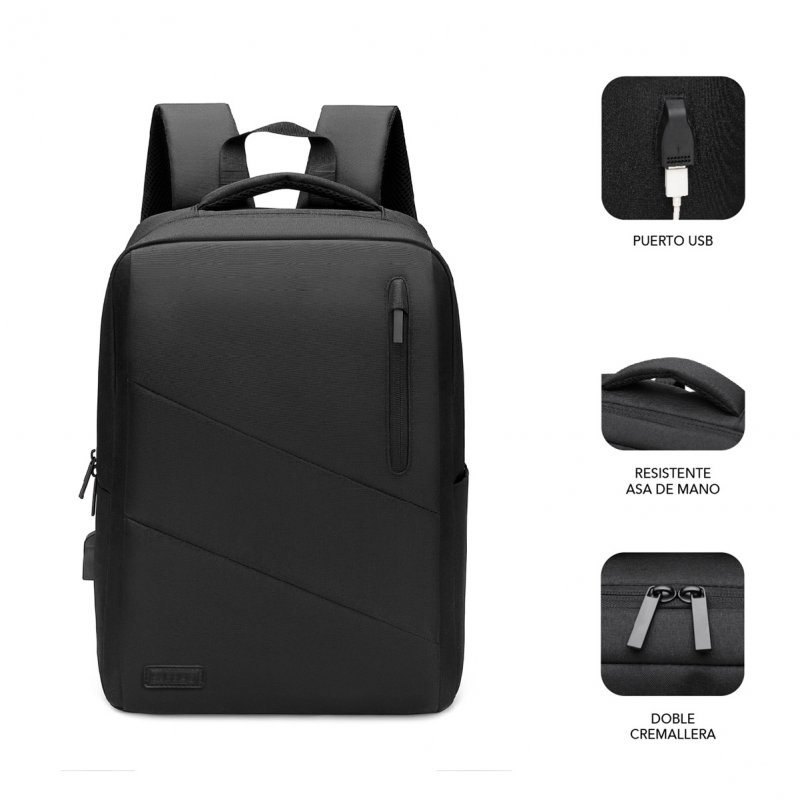 Subblim City Backpack Sac à dos pour ordinateur portable 15,6" - Compartiment rembourré - Résistant à l'eau - Port USB - Couleur Noir