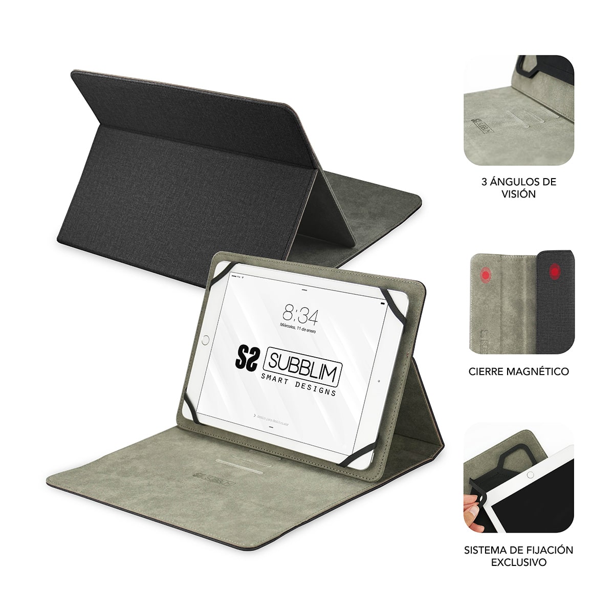 Subblim Clever Stand Case - Étui Universel pour Tablette - Design Moderne et Élégant - Position Support avec 3 Angles de Vue - Adaptable à Tous les Modèles de Tablette - Intérieur Doux et Velouté - Coloris Noir