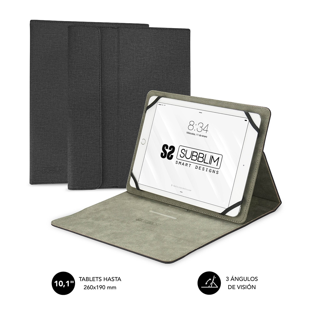 Subblim Clever Stand Case - Étui Universel pour Tablette - Design Moderne et Élégant - Position Support avec 3 Angles de Vue - Adaptable à Tous les Modèles de Tablette - Intérieur Doux et Velouté - Coloris Noir