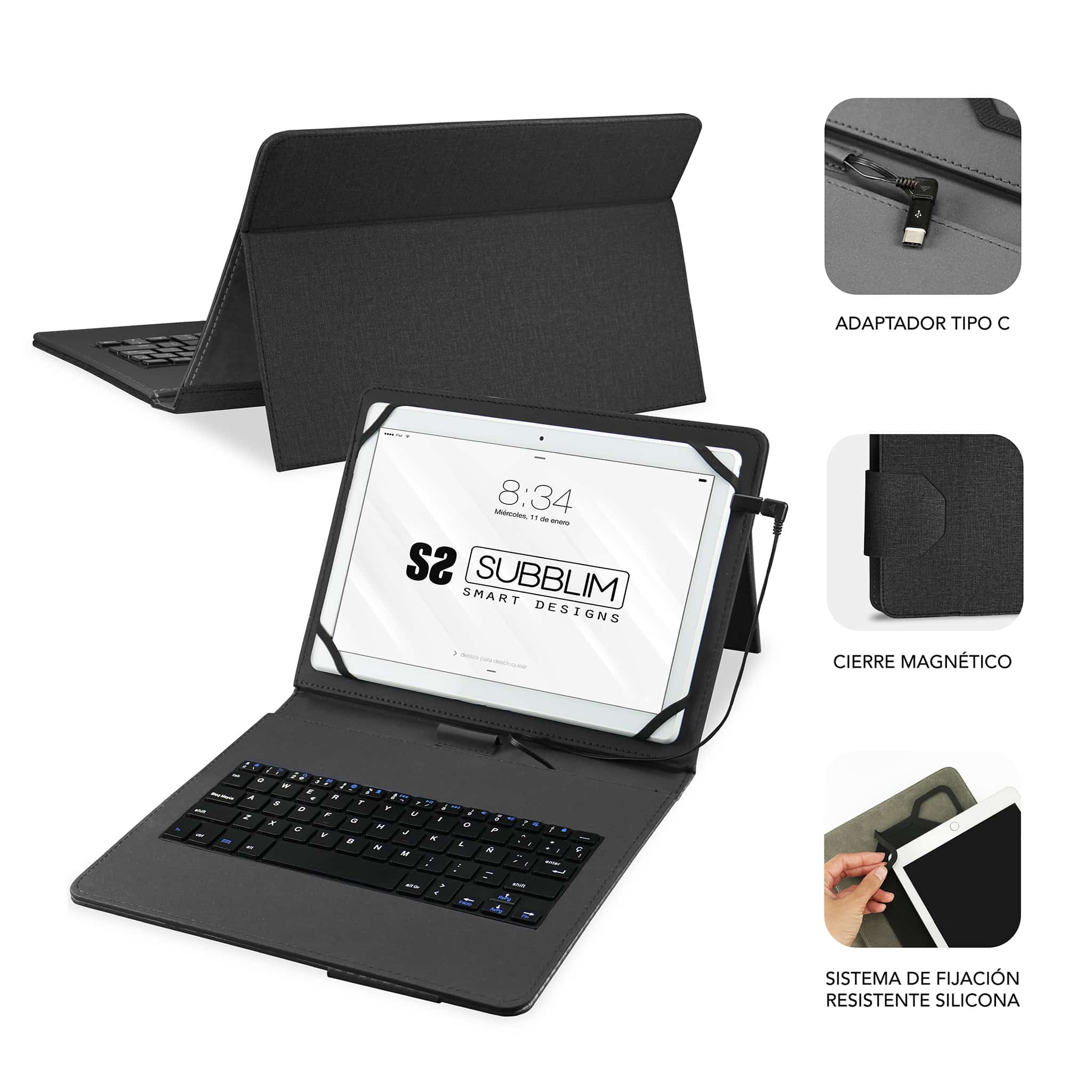 Subblim Keytab Pro USB - Clavier avec étui universel pour tablettes - Confort et flexibilité lors de la frappe - Angle idéal pour écrire ou regarder des vidéos - Support magnétique - Couleur noire
