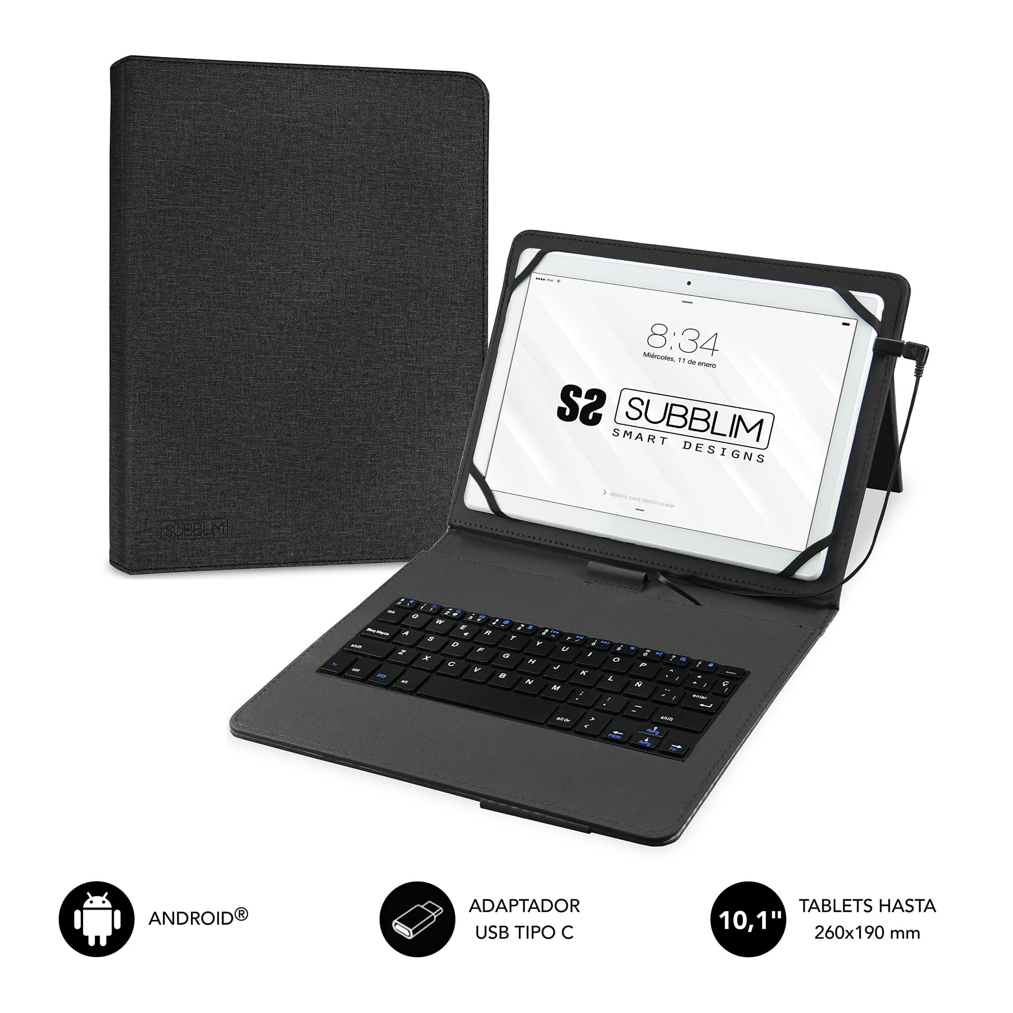 Subblim Keytab Pro USB - Clavier avec étui universel pour tablettes - Confort et flexibilité lors de la frappe - Angle idéal pour écrire ou regarder des vidéos - Support magnétique - Couleur noire