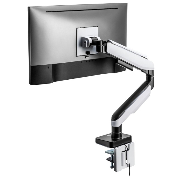 Support de table pour écran/TV RGB Ewent - Pivotant et inclinable - Éclairage RGB - Acier et aluminium - Compatible VESA - Charge maximale 20 kg - Bras articulé - Système de gestion des câbles - Blanc
