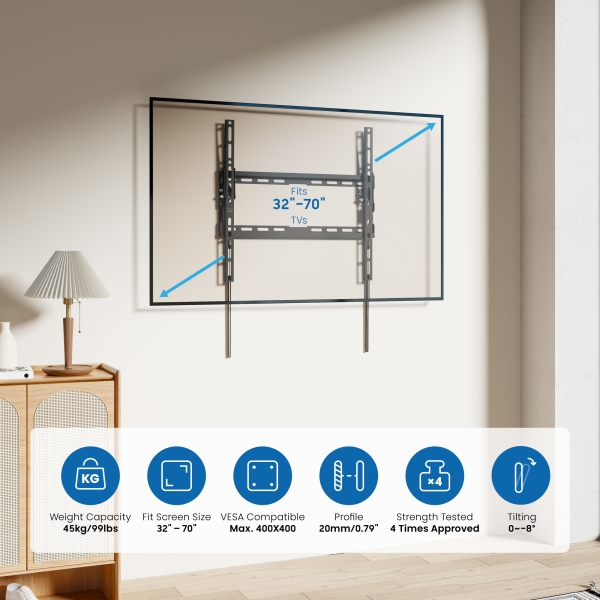 Support mural fixe Ewent EW1507 pour téléviseurs de 32" à 70" - Poids maximal 45 kg - Angle d'inclinaison 0-8º - Noir