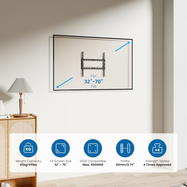 Support mural fixe pour téléviseur Ewent EW1502, 32" à 70" - Poids maximal : 45 kg - Noir