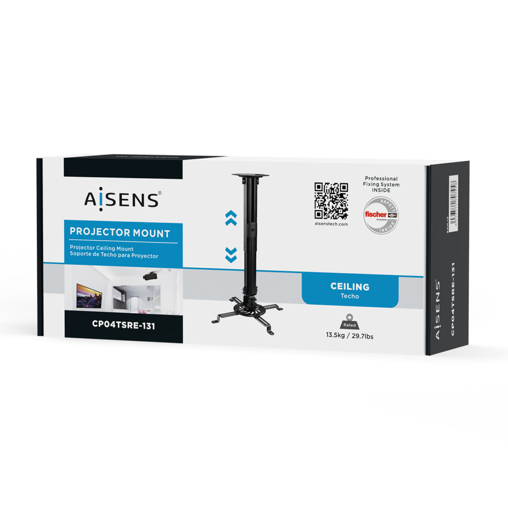 Support Rotatif Universel Aisens - Support Plafond Inclinable et Extensible pour Projecteur - Jusqu'à 13,5Kg - Couleur Noir