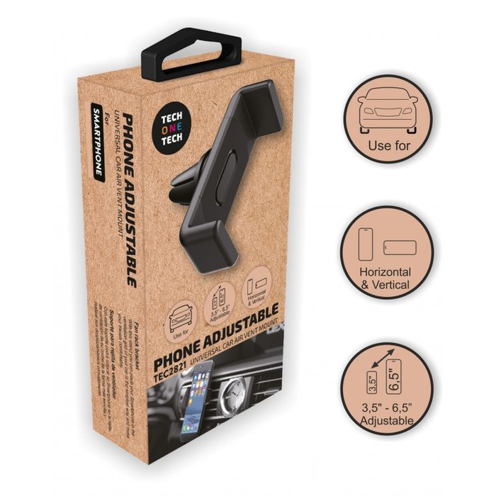 Support voiture TechOneTech pour Smartphones de 3,5" à 6,5" - Mécanisme de serrage - Position horizontale et verticale - Fixation à la sortie d'aération