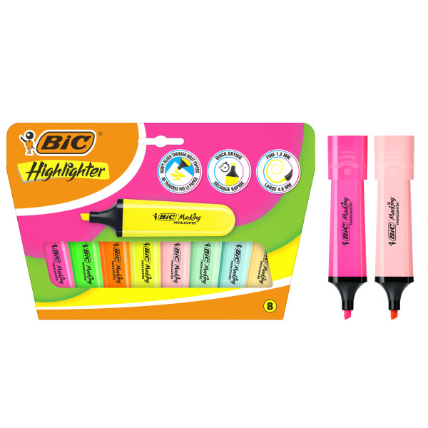 Surligneurs Bic Marking Flat Pack de 8 marqueurs fluorescents - Pointe biseautée - Tracé entre 1,20 et 4,60 mm - Encre à base d'eau - Couleurs fluo et pastel assorties