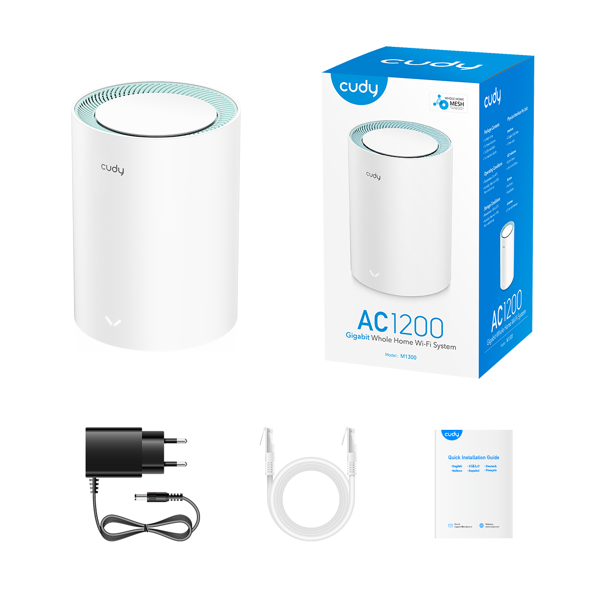 Système WiFi Cudy M1300 Mesh AC1200 Dual Band - 867 Mbps sur 5 GHz, 300 Mbps sur 2,4 GHz - 1x Port LAN 1000/100/10 Mbps, 1x Port WAN 1000/100/10 Mbps - 2 Antennes Internes