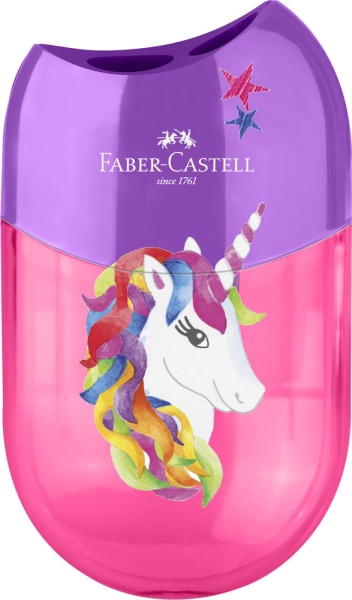 Taille-crayon 2 trous avec réceptacle Faber-Castell Unicorn - Motif licorne attrayant - Rose/Violet