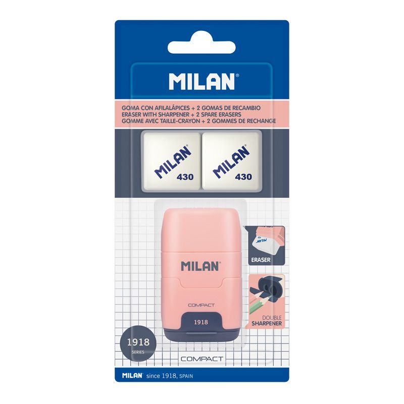 Taille-crayon compact Milan Compact Series 1918 avec 2 gommes - Taille-crayon double - Lame de sécurité - Couleur rose