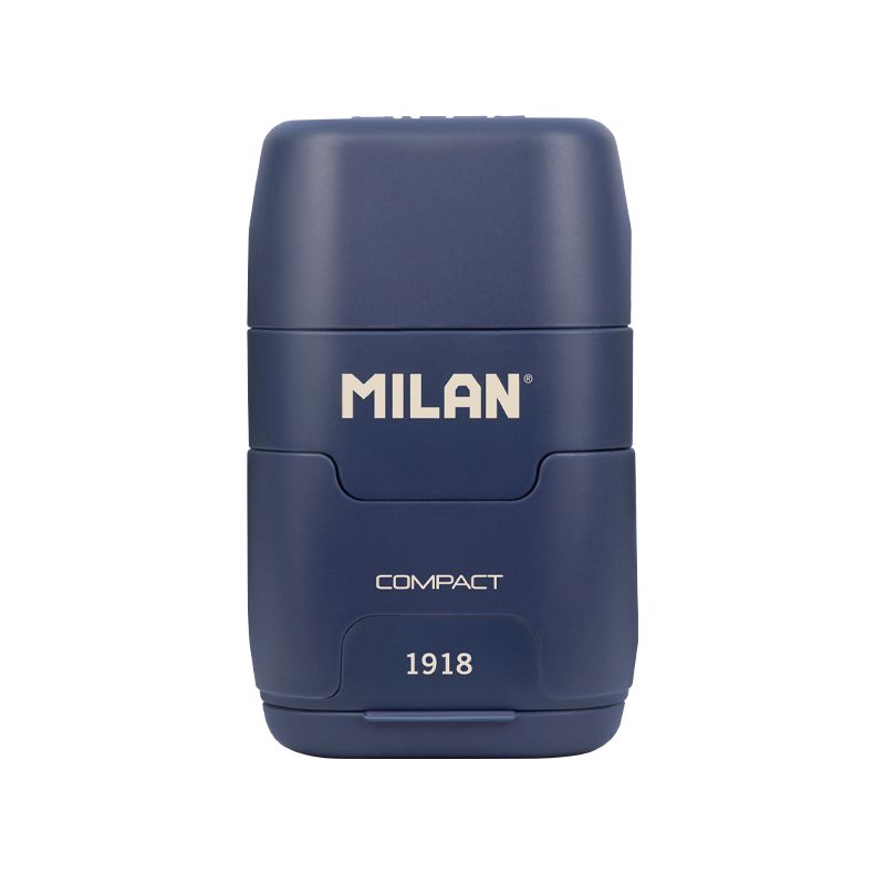 Taille-crayon compact Milan Compact Series 1918 avec 2 gommes - Taille-crayon double - Lame de sécurité - Couleur bleu foncé