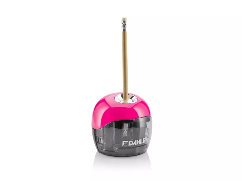 Taille-crayon électrique Dahle 250 - Pour crayons de 8 mm - Grand récipient transparent - Fonctionne avec des piles AA - Rose