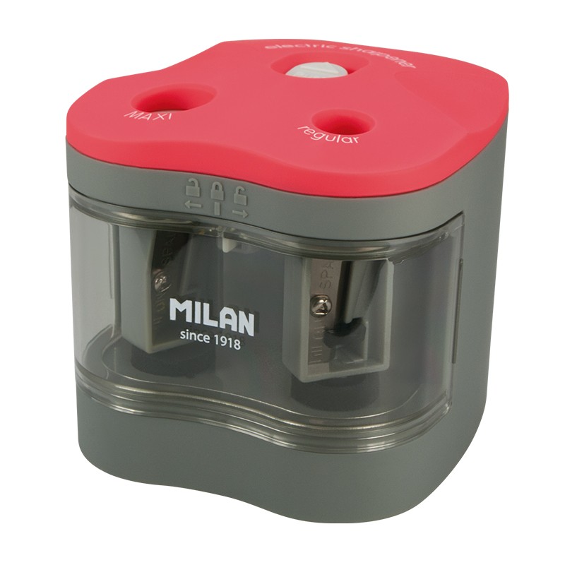 Taille-Crayon Electrique Milan - Piles Incluses - Usage Standard et Maxi - Dépôt Large - Lame Acier Carbone avec Sécurité - Couleurs Assorties