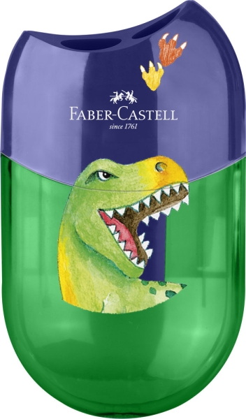 Taille-crayon Faber-Castell Dinosaure 2 trous avec réceptacle - Motif dinosaure attrayant - Vert/Bleu