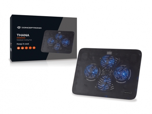 Tapis de refroidissement pour ordinateur portable Conceptronic Thana 04 - Jusqu'à 17" - 4 ventilateurs - Leds bleues - Couleur noire