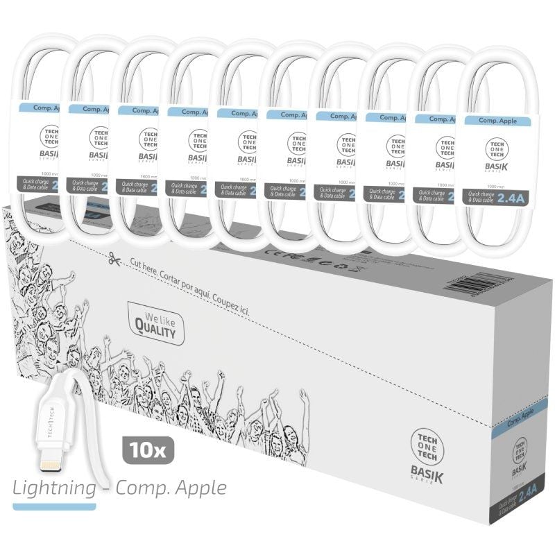 TechOneTech Basik Pack de 10 Câbles USB Mâle - Lightning Mâle - Longueur 1m