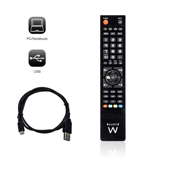 Télécommande universelle 4 en 1 Ewent - Programmable avec câble micro USB et PC - Noir