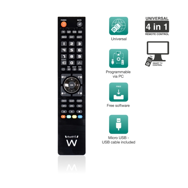 Télécommande universelle 4 en 1 Ewent - Programmable avec câble micro USB et PC - Noir