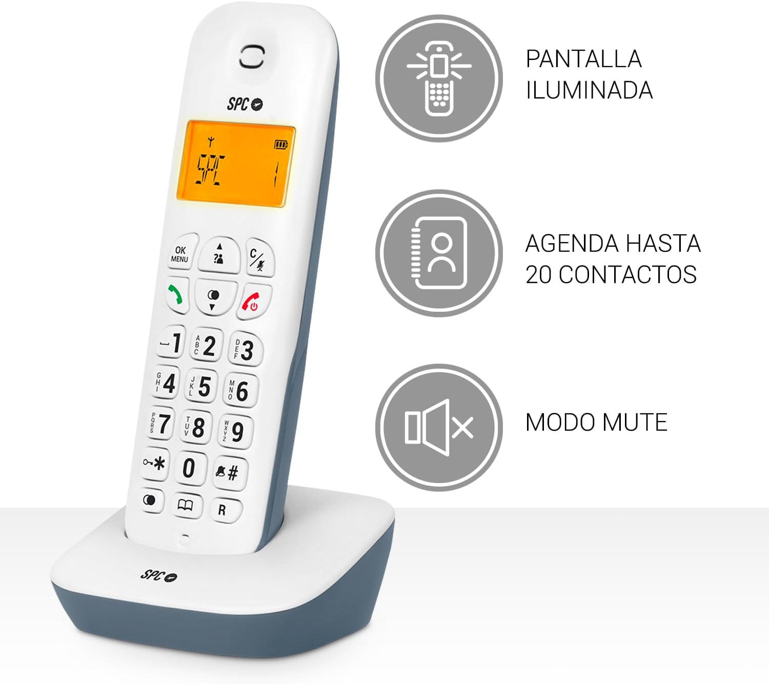 Téléphone fixe sans fil SPC Air - Écran rétroéclairé 35x22 mm - Identification de l'appelant - Connexion réseau téléphonique - Mode sourdine - 5 mélodies - 2 couleurs - Technologie Eco - Transfert d'appel - Couleur Bleu