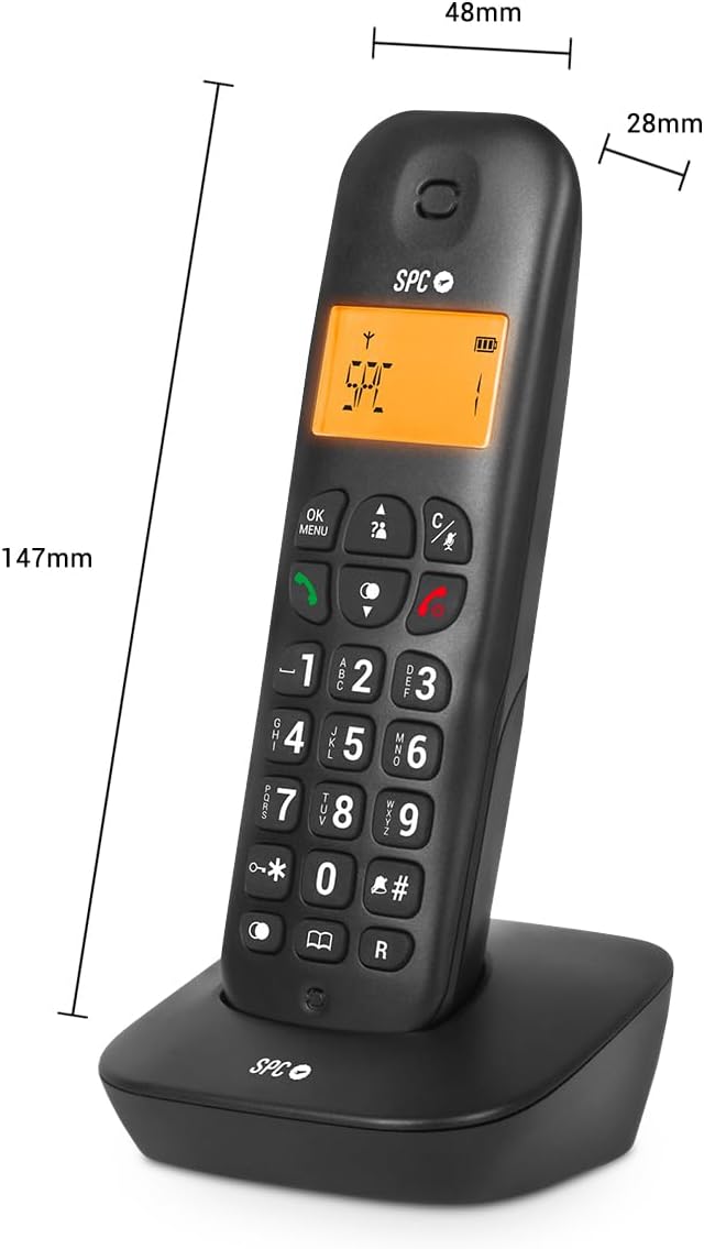 Téléphone Fixe Sans Fil SPC Air - Écran Rétroéclairé 35x22 mm - Identification de l'appelant - 5 Mélodies Disponibles - Pratique et Simple - Disponible en 2 Coloris - Possibilité de Transfert d'Appel - Coloris Noir