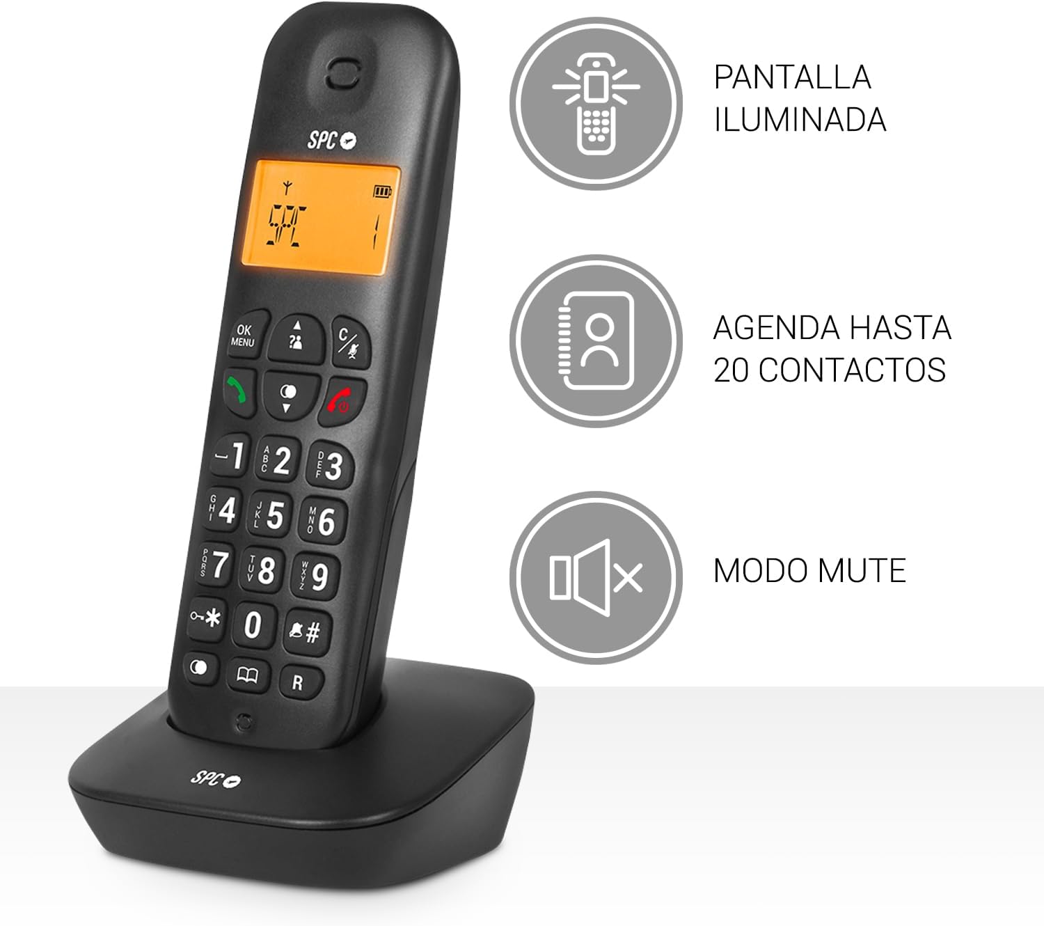 Téléphone Fixe Sans Fil SPC Air - Écran Rétroéclairé 35x22 mm - Identification de l'appelant - 5 Mélodies Disponibles - Pratique et Simple - Disponible en 2 Coloris - Possibilité de Transfert d'Appel - Coloris Noir