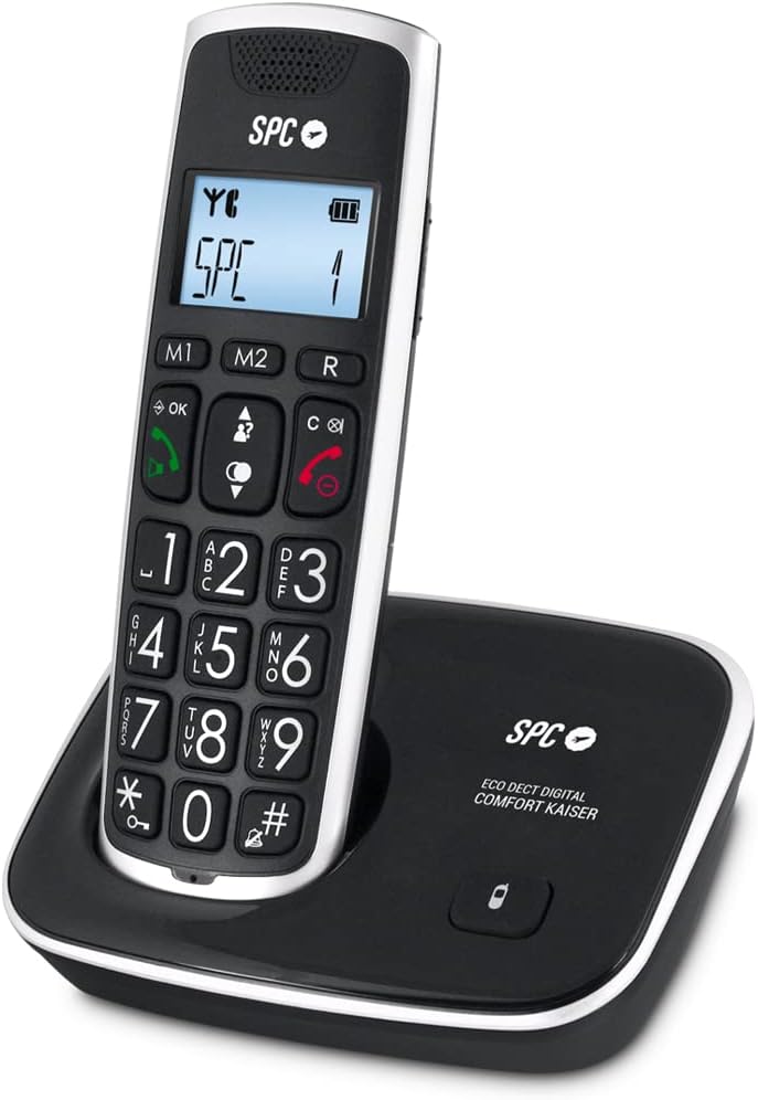 Téléphone fixe sans fil SPC pour seniors - Touches et numéros extra larges - Volume du combiné amplifié - Répertoire et 2 mémoires directes - Identification de l'appelant et mains libres - Piles rechargeables - Version Duo - Couleur Noir