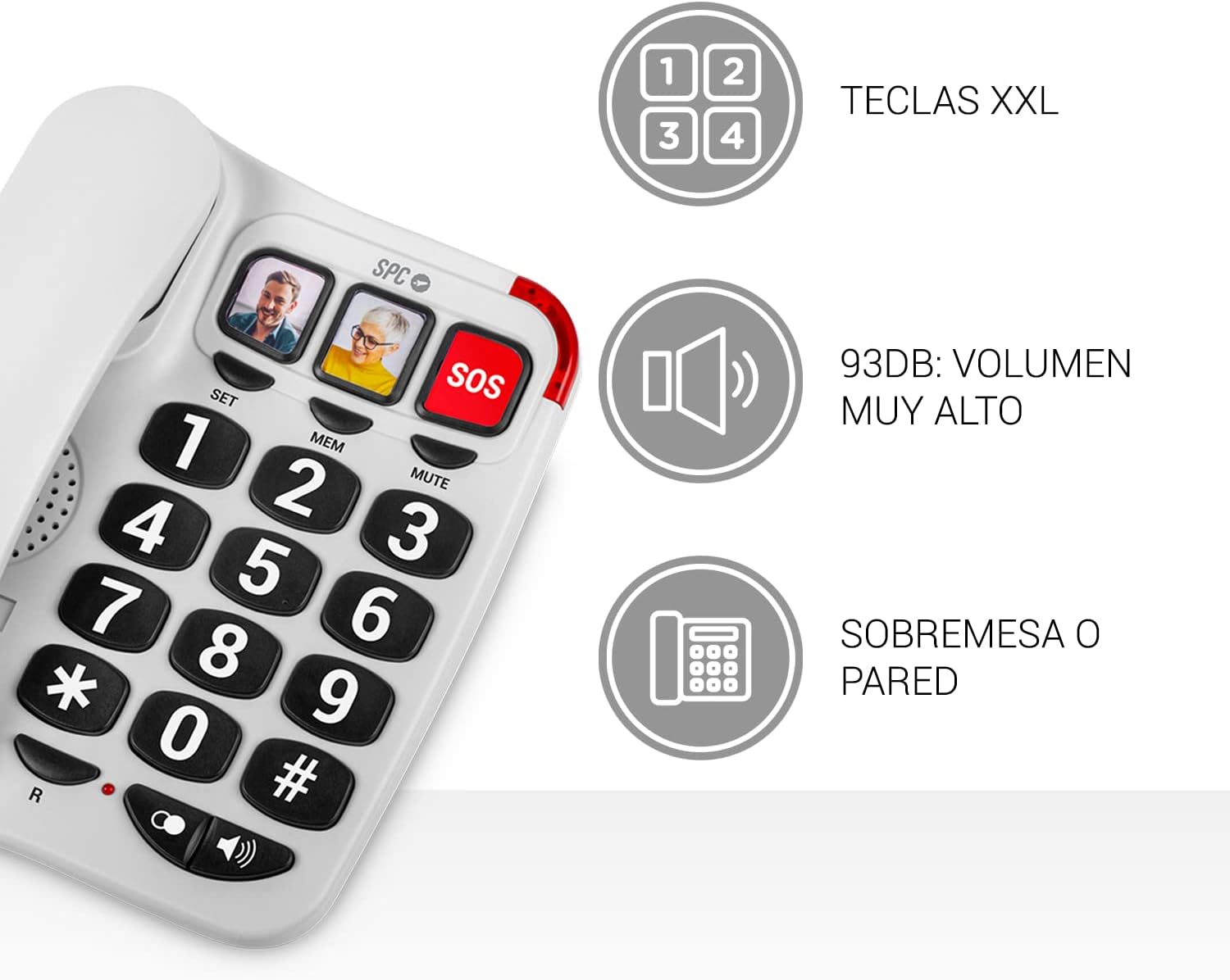 Téléphone fixe SPC pour seniors - Touches XXL - Appels One Touch - Volume de sonnerie 93Db - Compatible avec les appareils auditifs - Pas de piles ni de connexion lumière - Coloris Blanc