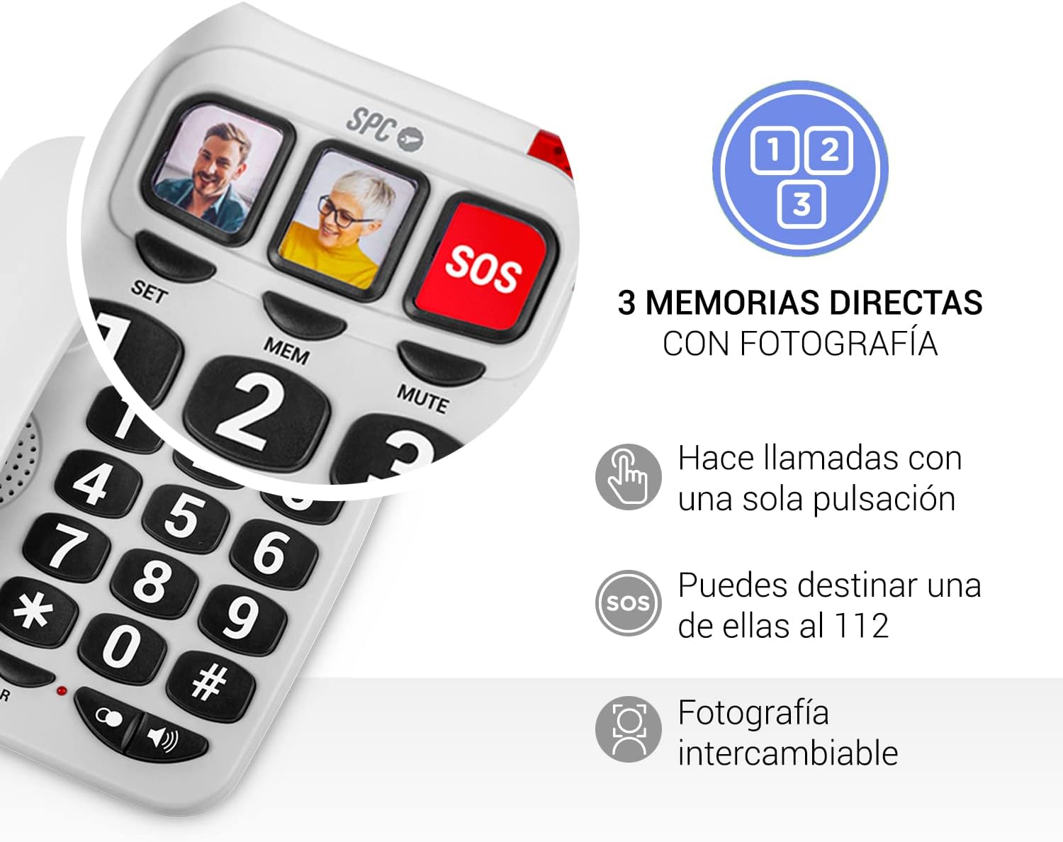 Téléphone fixe SPC pour seniors - Touches XXL - Appels One Touch - Volume de sonnerie 93Db - Compatible avec les appareils auditifs - Pas de piles ni de connexion lumière - Coloris Blanc