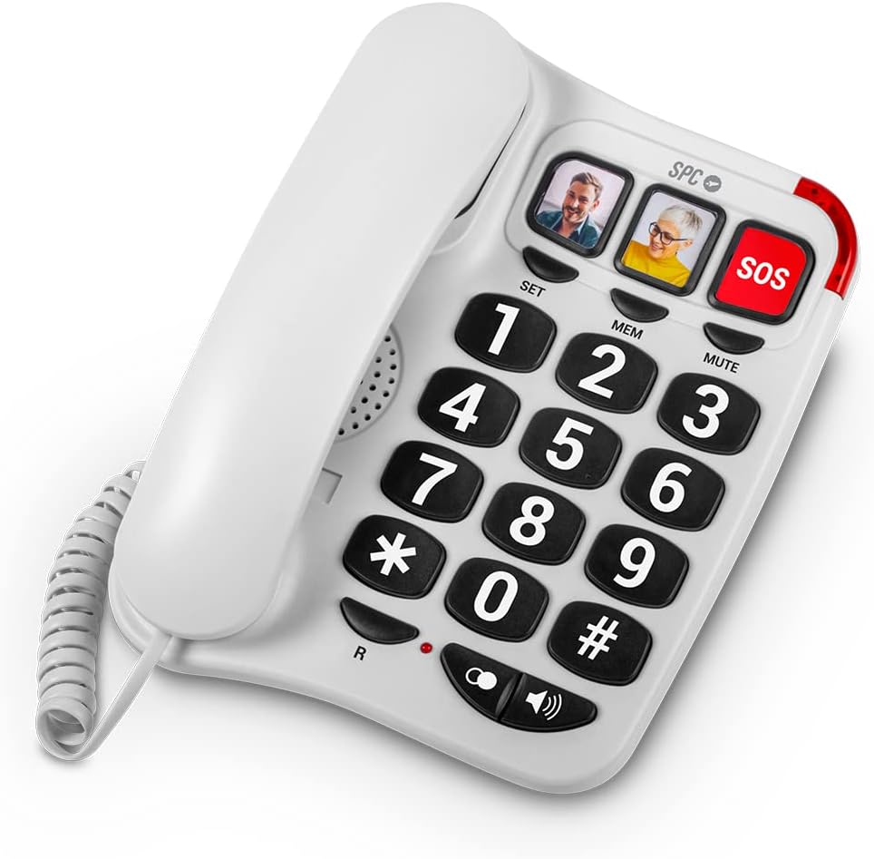 Téléphone fixe SPC pour seniors - Touches XXL - Appels One Touch - Volume de sonnerie 93Db - Compatible avec les appareils auditifs - Pas de piles ni de connexion lumière - Coloris Blanc