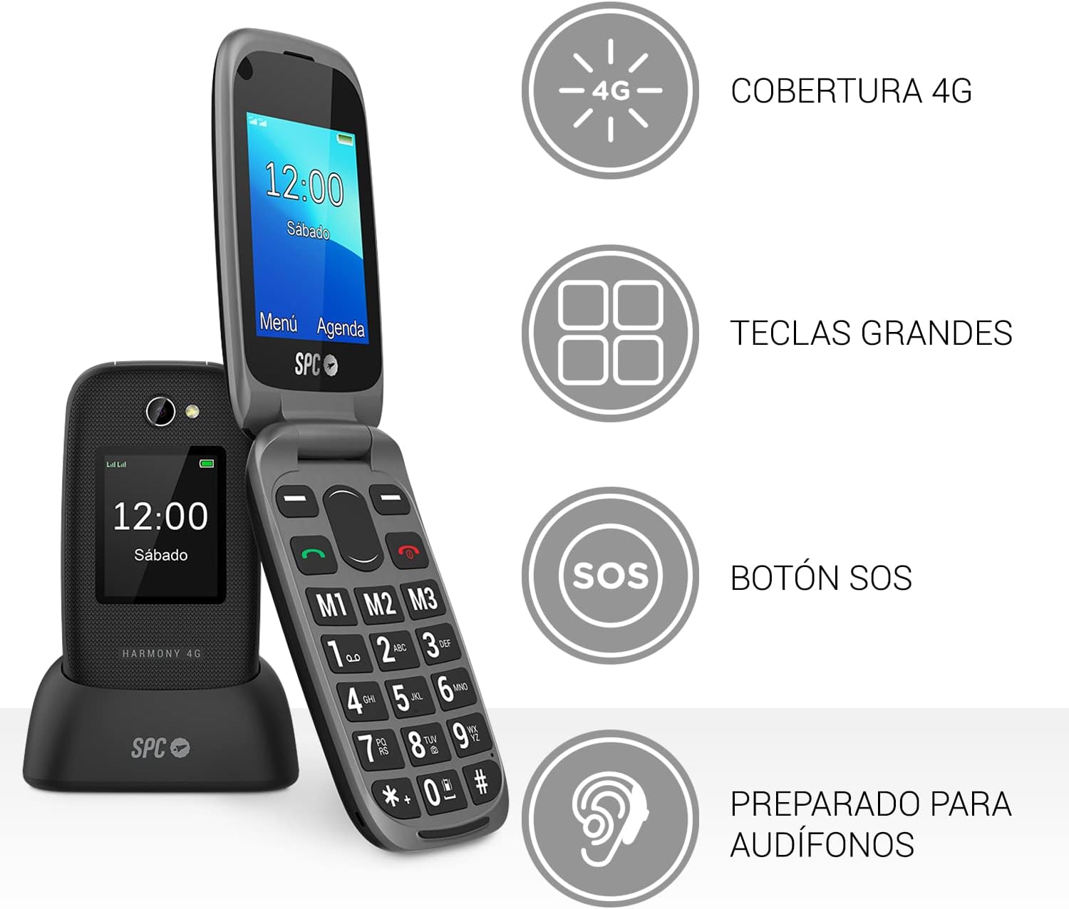 Téléphone portable SPC Harmony 4G pour seniors - Gros boutons rétroéclairés - Volume de sonnerie jusqu'à 97,5 dB - Compatible avec les appareils auditifs - Bouton SOS - Fonction d'aide intelligente - Base de chargement incluse - Couleur noire