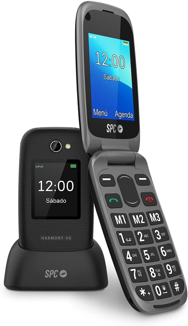 Téléphone portable SPC Harmony 4G pour seniors - Gros boutons rétroéclairés - Volume de sonnerie jusqu'à 97,5 dB - Compatible avec les appareils auditifs - Bouton SOS - Fonction d'aide intelligente - Base de chargement incluse - Couleur noire