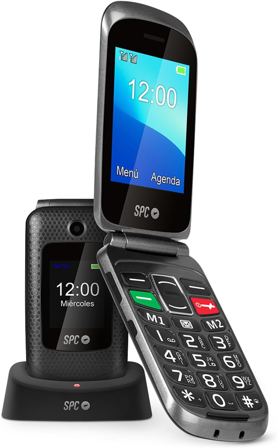 Téléphone portable SPC Magnus - Design à clapet - Grandes touches - Bouton SOS - Base de chargement USB-C - Volume de sonnerie 95Db - Compatible avec les appareils auditifs - 2 écrans - Notifications intelligentes - Appels directs sans agenda - Couleur