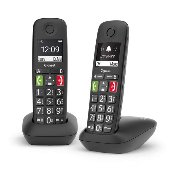 Téléphone sans fil Gigaset E290 Duo avec DECT + 1 combiné supplémentaire - Grand écran noir et blanc - Grandes touches numériques - Fonction amplificateur de volume - Noir