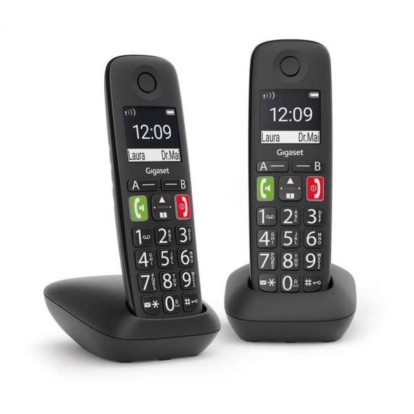 Téléphone sans fil Gigaset E290 Duo avec DECT + 1 combiné supplémentaire - Grand écran noir et blanc - Grandes touches numériques - Fonction amplificateur de volume - Noir