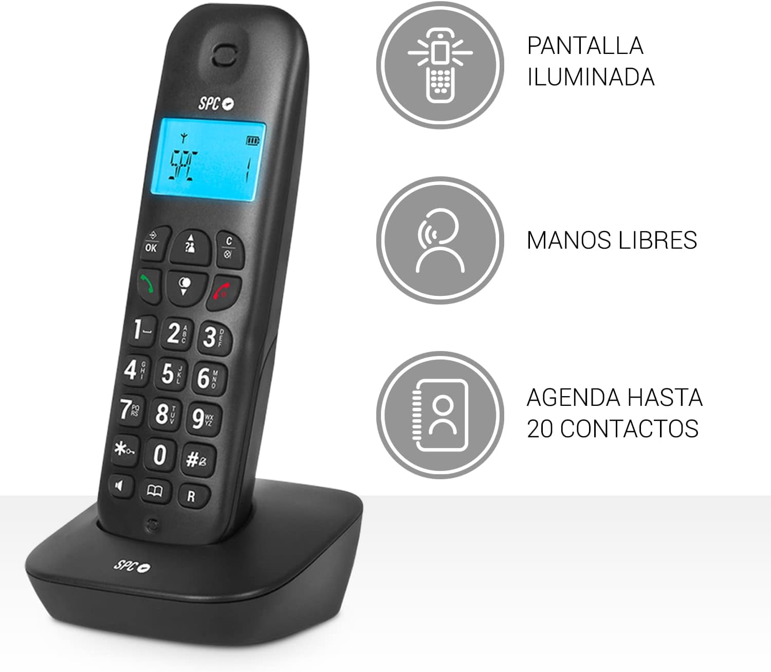 Téléphone sans fil SPC Air Pro Duo - Écran rétroéclairé 35x22 mm - Identification de l'appelant - Connexion réseau téléphonique - Conférence à trois - Mode muet - Mains libres - Respectueux de l'environnement - Couleur noire