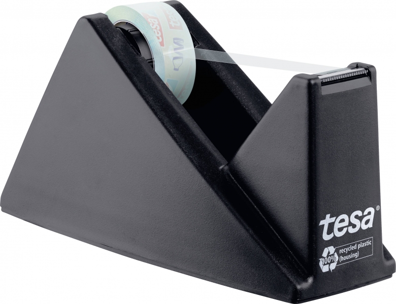 Tesa Tesafilm Eco & Crystal Support de rouleau de table facile à découper + ruban adhésif fabriqué avec 90 % de bouteilles PET recyclées – Couleur noire