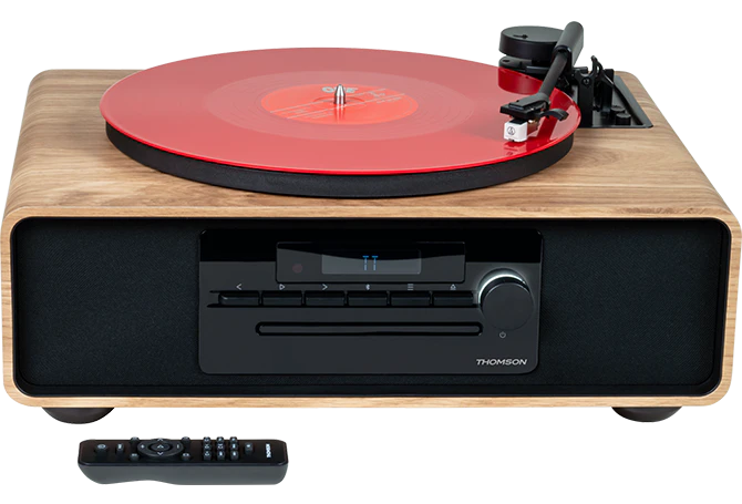 Thomson MIC300TT Micro Stéréo 60W Bluetooth 5.0 avec Platine Vinyle Intégrée - Lecteur CD, Radio FM, Lecteur USB (MP3) - Télécommande - Couleur Bois/Noir