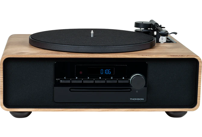 Thomson MIC300TT Micro Stéréo 60W Bluetooth 5.0 avec Platine Vinyle Intégrée - Lecteur CD, Radio FM, Lecteur USB (MP3) - Télécommande - Couleur Bois/Noir