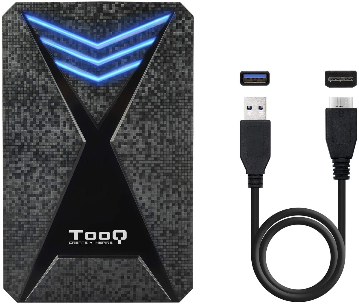 Tooq Boîtier Externe Gaming HDD/SDD 2.5" jusqu'à 9.5mm SATA USB 3.0/3.1 Gen 1 - Éclairage LED Bleu - Sans Vis - Couleur Noire