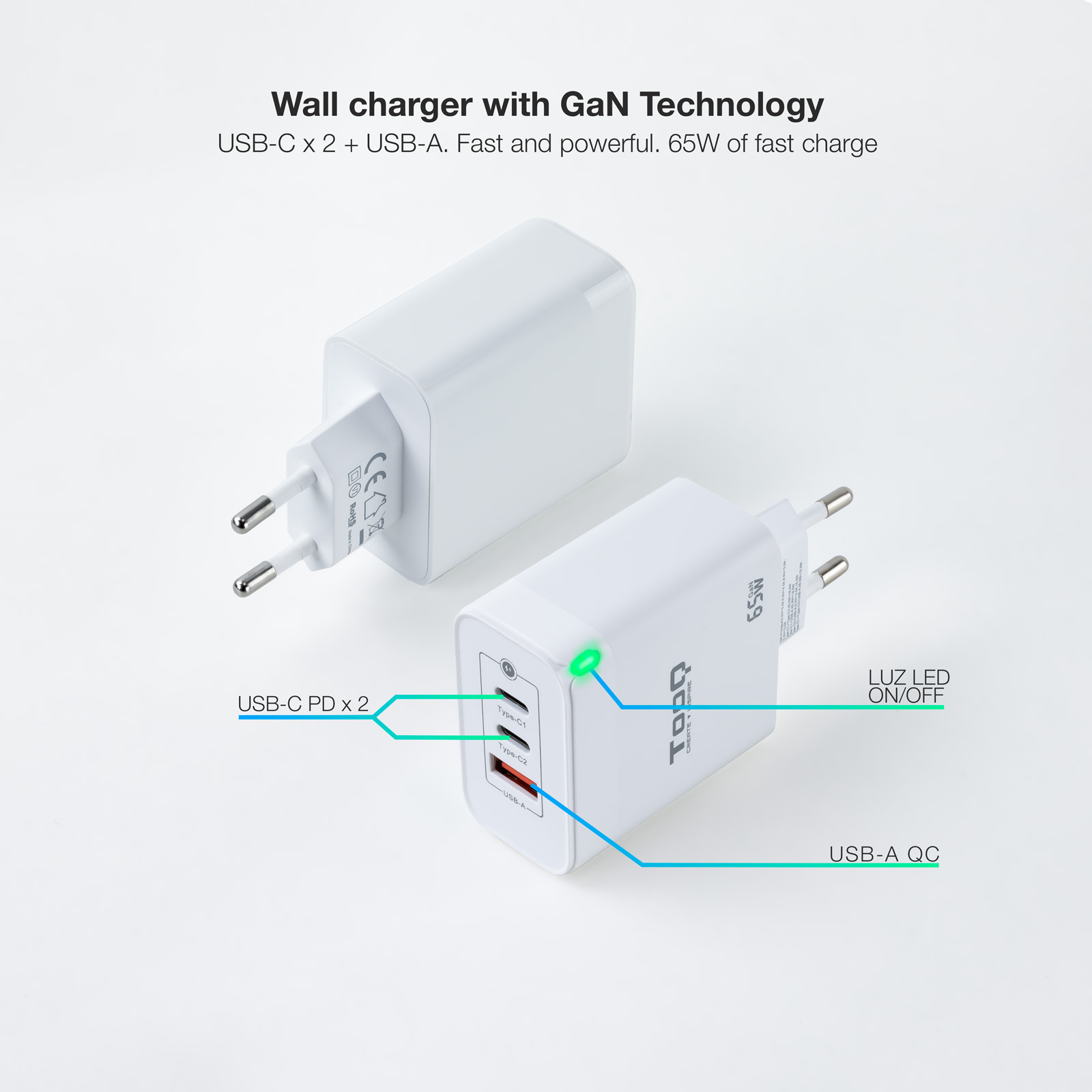 Tooq Chargeur Mural GaN 2 USB-C/PD + USB-A/QC 65W - Couleur Blanche