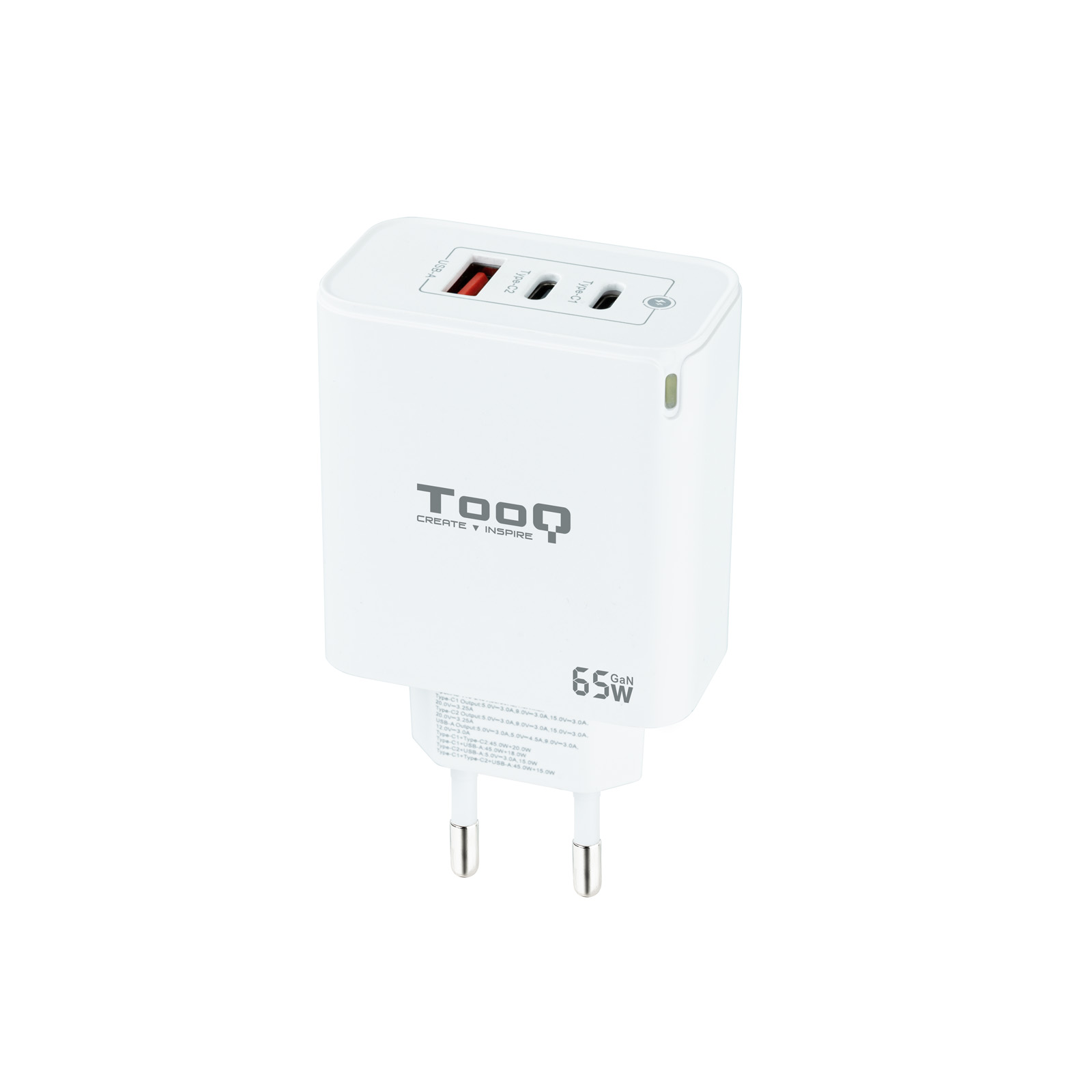 Tooq Chargeur Mural GaN 2 USB-C/PD + USB-A/QC 65W - Couleur Blanche