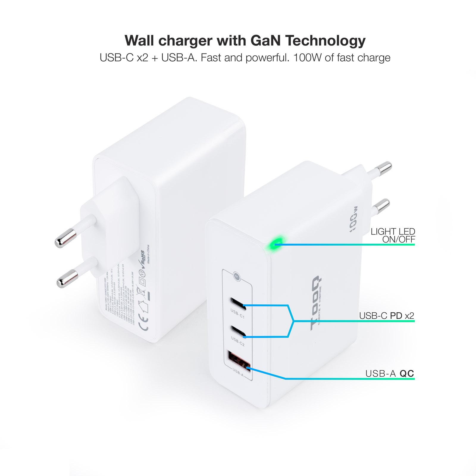 Tooq Chargeur Mural Gan 2xUSB-C/PD + USB-A/QC 100W