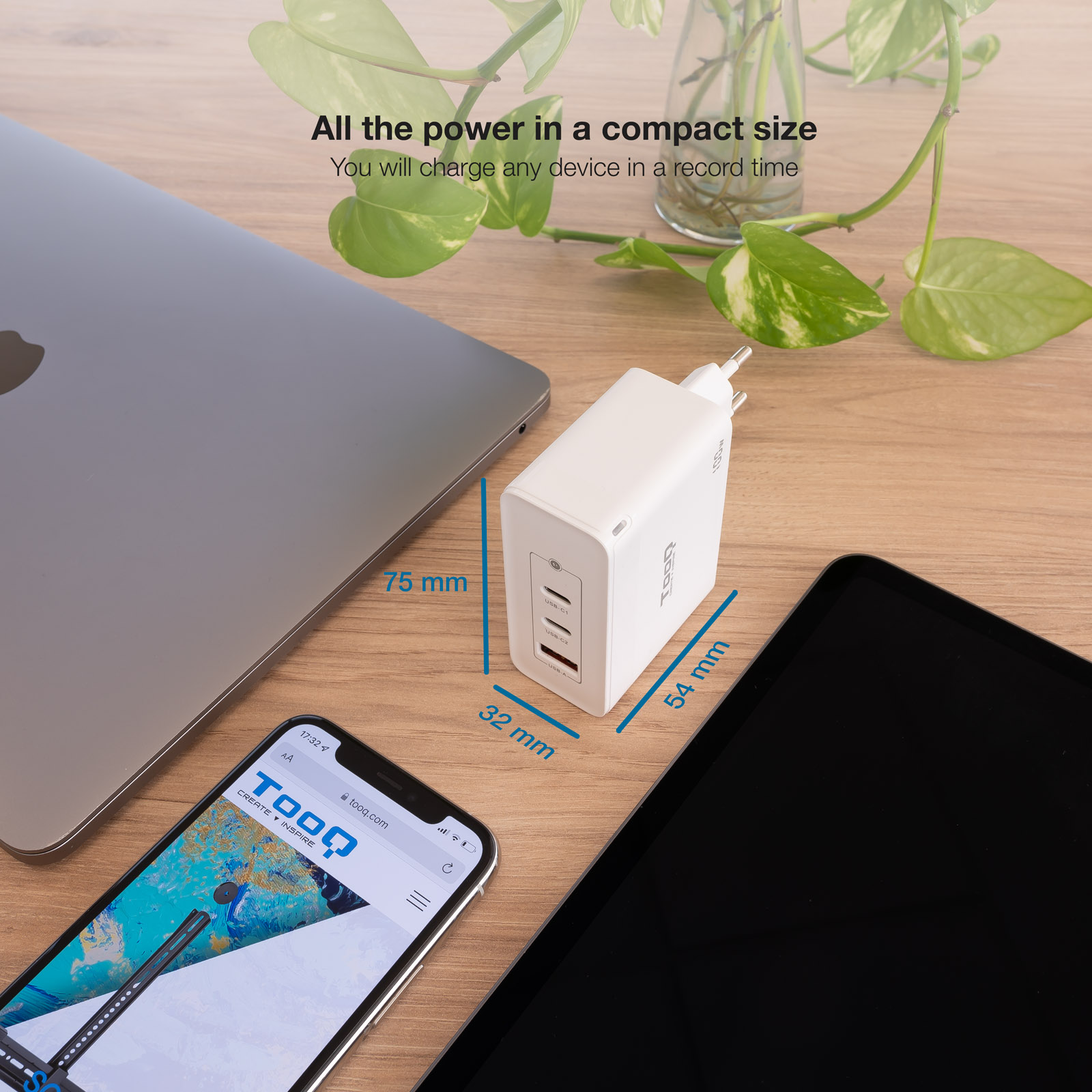 Tooq Chargeur Mural Gan 2xUSB-C/PD + USB-A/QC 100W