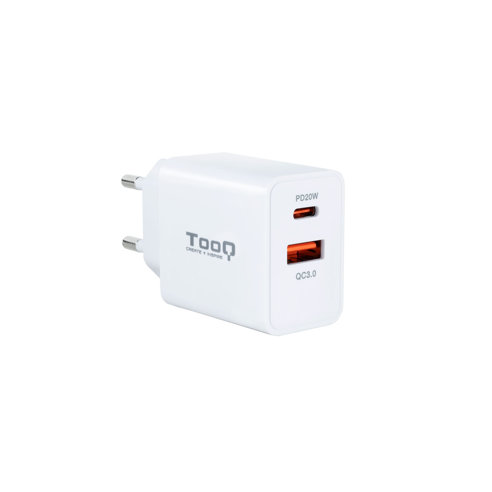 Tooq Chargeur Mural USB 3.0 18W, USB-C 20W - Charge Rapide - Couleur Blanche