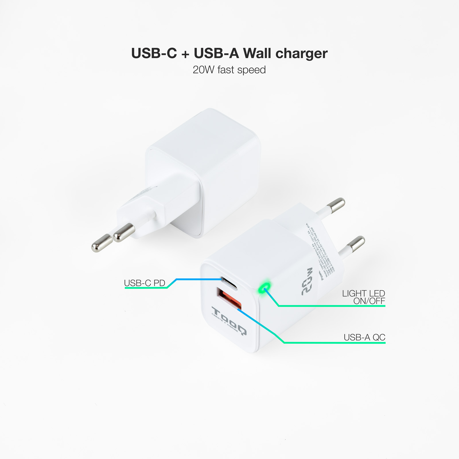 Tooq Chargeur Mural USB-C/PD + USB-A/QC 20W - Couleur Blanche