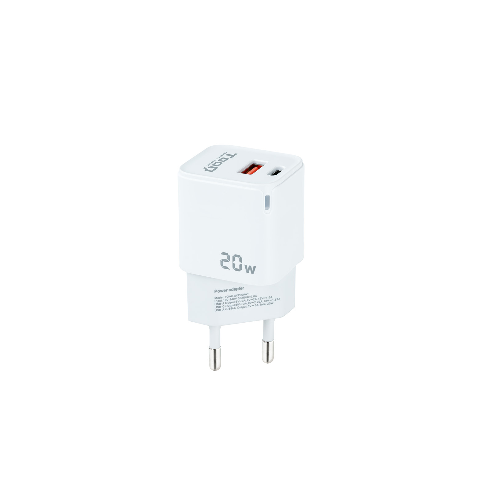 Tooq Chargeur Mural USB-C/PD + USB-A/QC 20W - Couleur Blanche